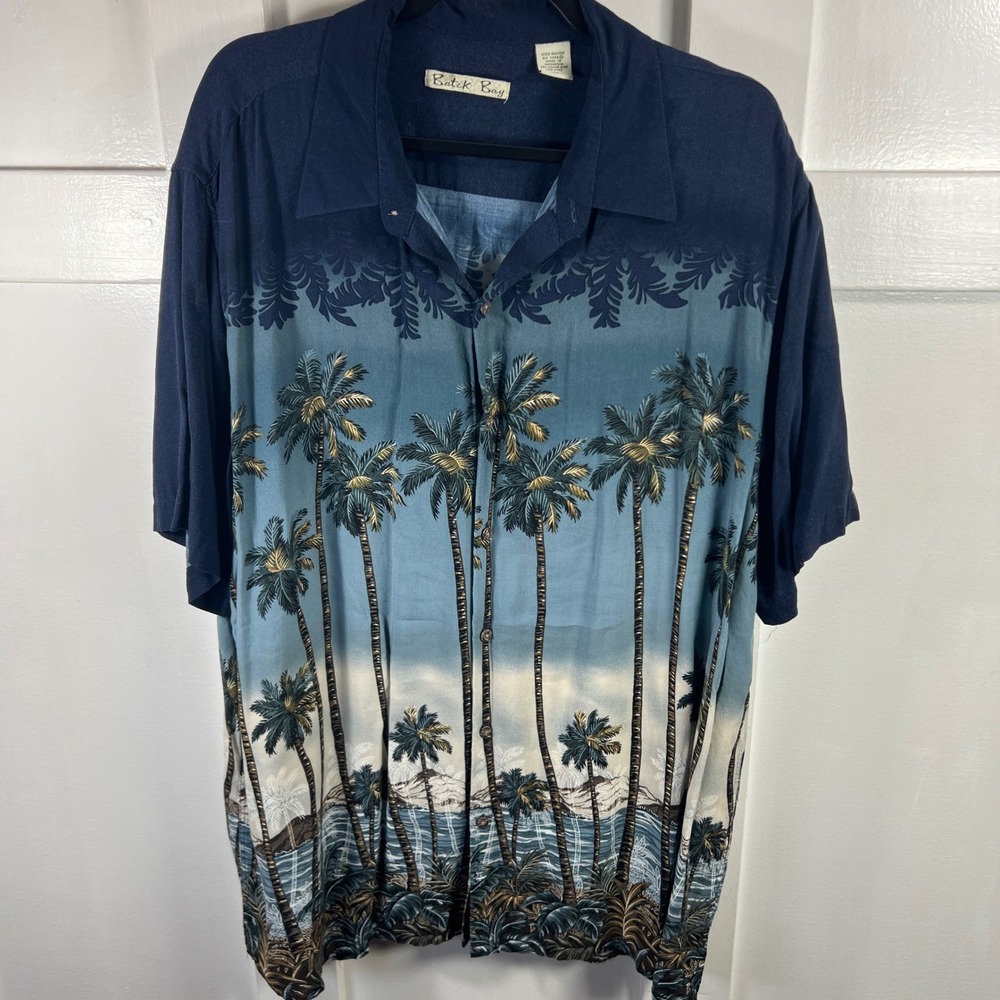 Batik Bay Mens XXL Blue Tropical Palm Tree Rayon Short‎ Sleeve Camp Shirt 1493